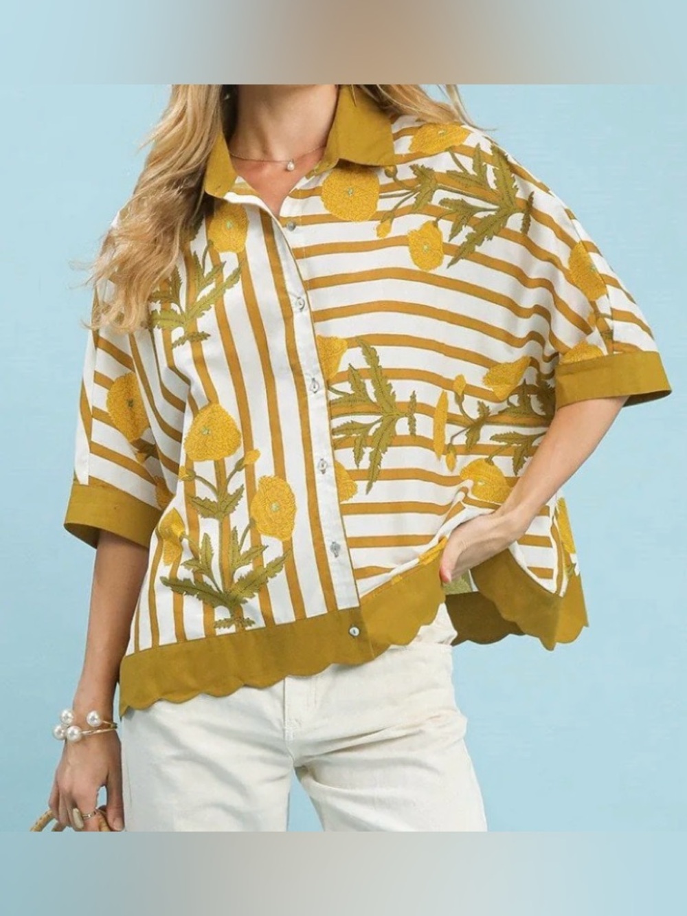 Umgee Mustard & White Striped Embroidered Button-Down Shirt